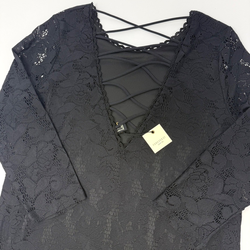 Forever 21 Black Floral Lace Mini Dress Lace Up Back 3/4 Sleeve Womens Small NEW